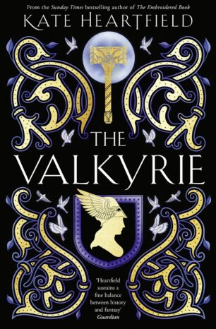 Book cover for The Valkyrie by Kate Heartfield, in black with gold and purple detail, showing Norse imagery. By Andrew Davis.