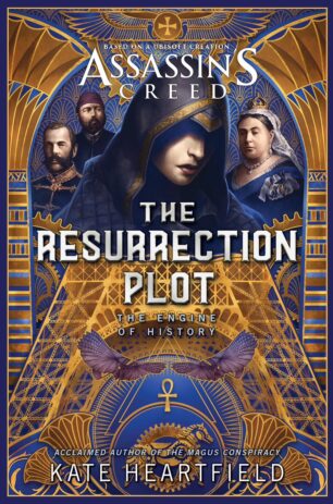 The cover of The Resurrection Plot, in blue and gold.